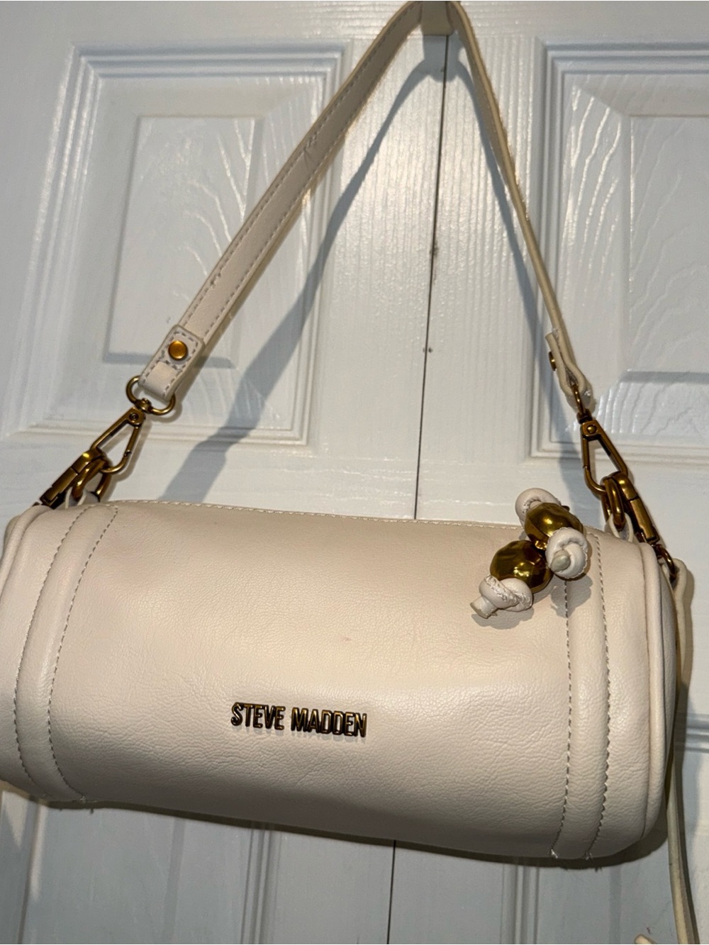Steve Madden Ivory Barrel Shoulder Bag with Gold Hardware